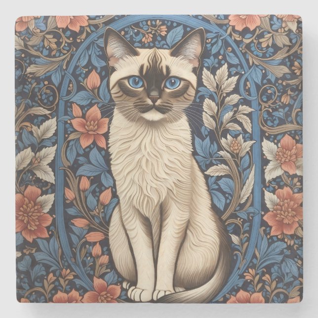Blue Mit Augen Siamese Cat William Morris Inspirie Steinuntersetzer (Vorderseite)