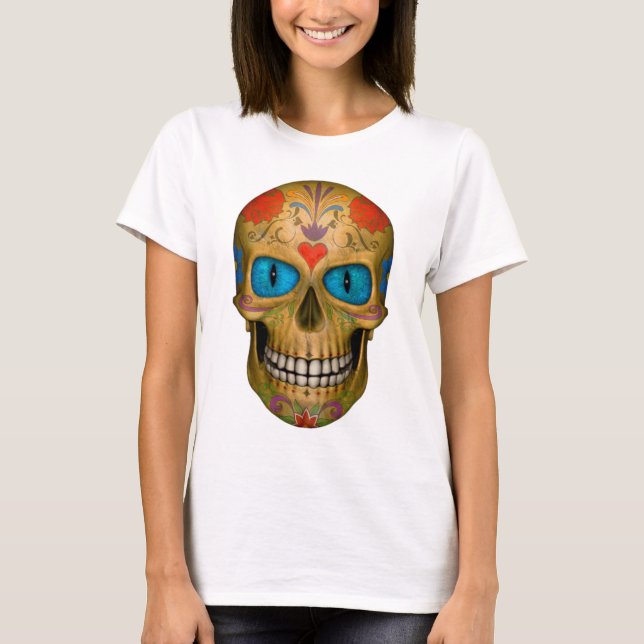 Blue Mit Augen Sugar Skull Zombie Untoter T - Shir T-Shirt (Vorderseite)