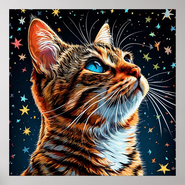 Blue-Mit Augen Tabby Cat Gazes bei Starry Night Sk Poster (Vorne)