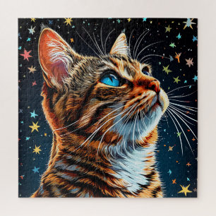 Blue-Mit Augen Tabby Cat Gazes bei Starry Night Sk Puzzle