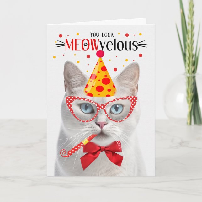 Blue Mit Augen White Cat MEOWvelous Birthday Karte (Vorderseite)