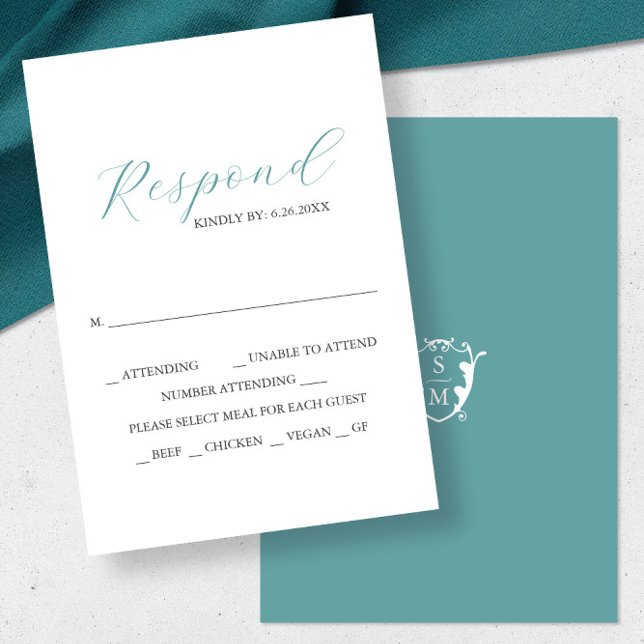 Blue mit Meal Choice Monogram RSVP Cards (Monogrammed initials wedding rsvp card in turquoise blue.)