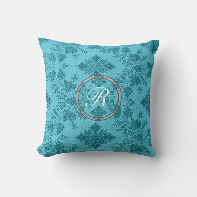 Blue Mit Monogramm Designer Throw Kissen (Vorderseite)