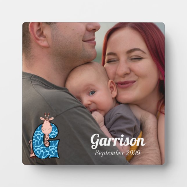 Blue Mit Monogramm G mit Giraffe Baby's Foto Fotoplatte (Vorderseite)