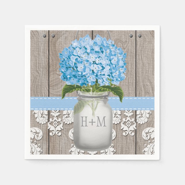 Blue Mit Monogramm Hydrangea Mason Jar Serviette (Vorderseite)