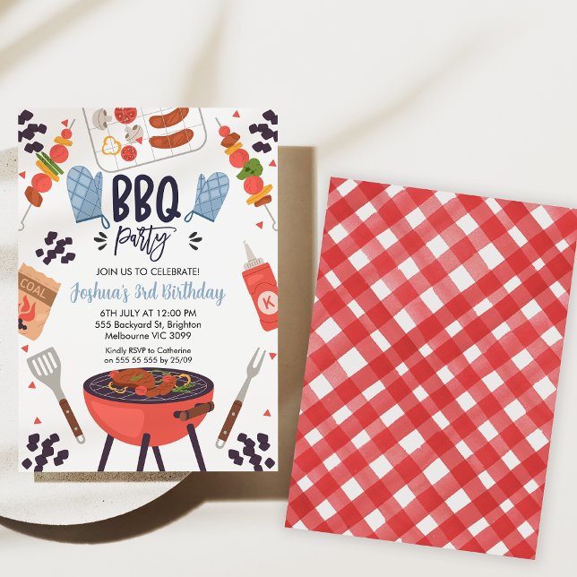 Blue Mitt Boys Grillen Birthday Einladung (Bbq birthday party invitation, Backyard Bbq Birthday Invitation, Gingham, blue mitt, Summer Party)