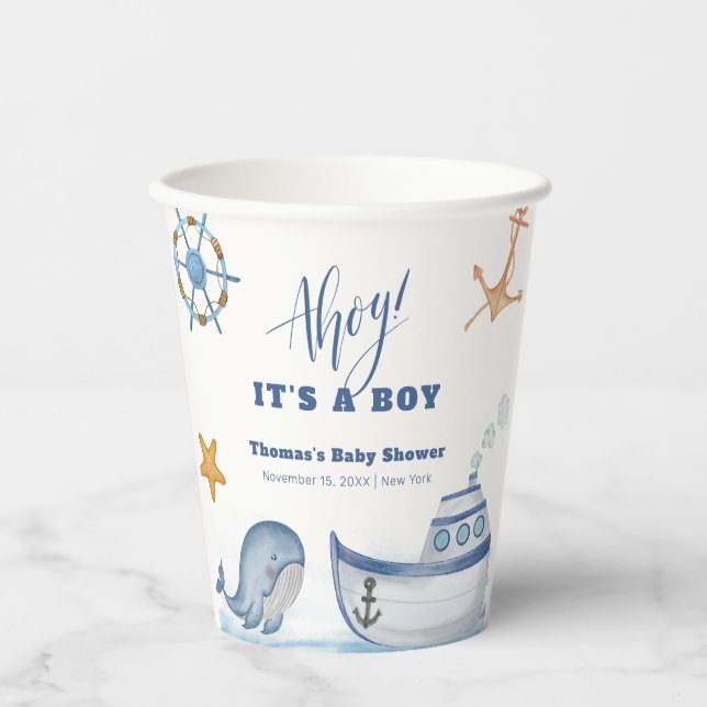 Blue Modern Ahoy Boy Whale Sailboat Babydusche Pappbecher (Vorderseite)