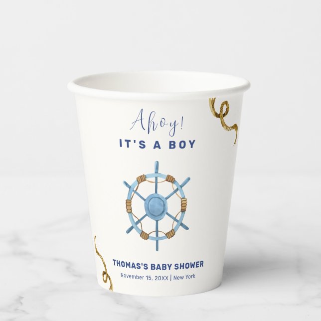 Blue Modern Ahoy Nautical Boy Baby Dusche Pappbecher (Vorderseite)