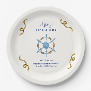 Blue Modern Ahoy Nautical Boy Baby Dusche Pappteller
