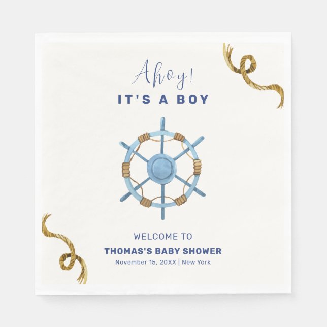 Blue Modern Ahoy Nautical Boy Baby Dusche Serviette (Vorderseite)