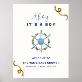 Blue Modern Ahoy Nautical Boy Baby Dusche Willkomm Poster