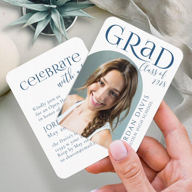 Blue Modern Arch Foto Abschluss Ankündigung Begleitkarte (Blue Modern Arch Photo Graduation Announcement)