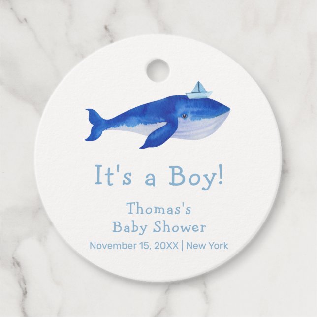 Blue Modern Boy Under Sea Whale Baby Shower Geschenkanhänger (Vorderseite)