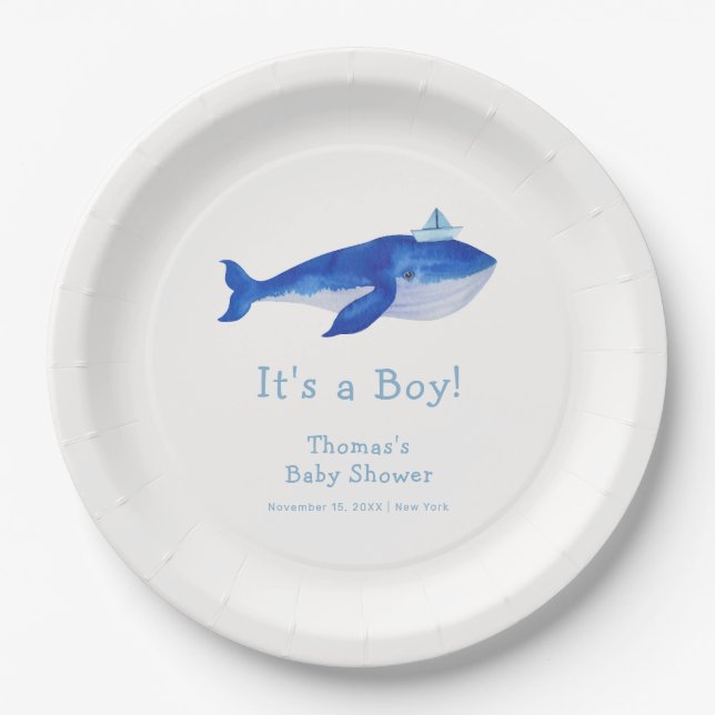 Blue Modern Boy Under Sea Whale Baby Shower Pappteller (Vorderseite)