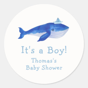 Blue Modern Boy Under Sea Whale Baby Shower Runder Aufkleber