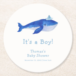 Blue Modern Boy Under Sea Whale Baby Shower Runder Pappuntersetzer