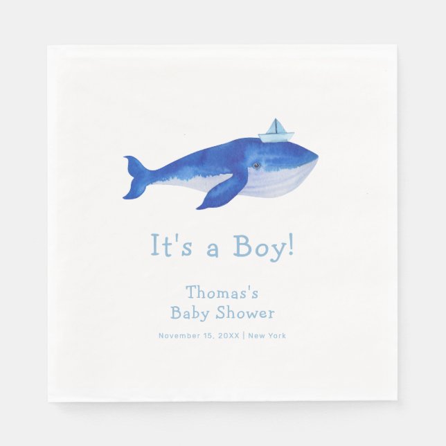 Blue Modern Boy Under Sea Whale Baby Shower Serviette (Vorderseite)