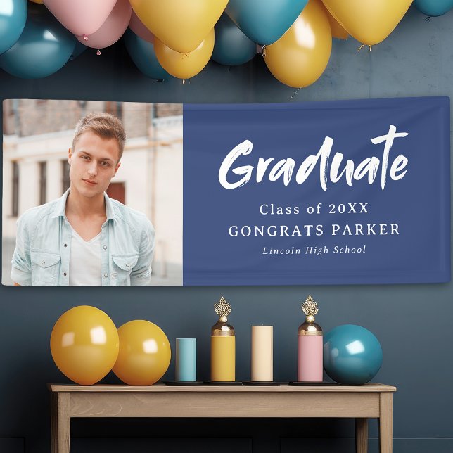 Blue Modern Brush Script Foto Graduation Party Banner (Blue Modern Brush Script Photo Graduation Party Banner)