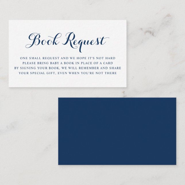 Blue Modern Calligraphy Baby Shooting Book Request Begleitkarte (Vorne/Hinten)
