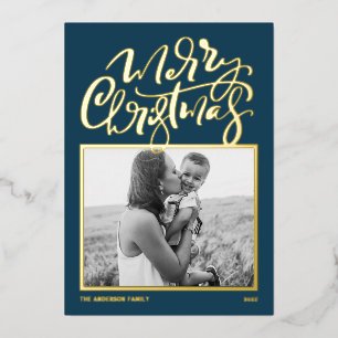 Blue Modern Calligraphy Foto Merry Christmas Foi Folien Feiertagskarte