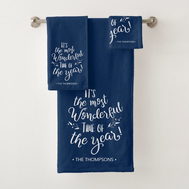 Blue Modern Christmas Typography Personalized Badhandtuch Set (Insitu)