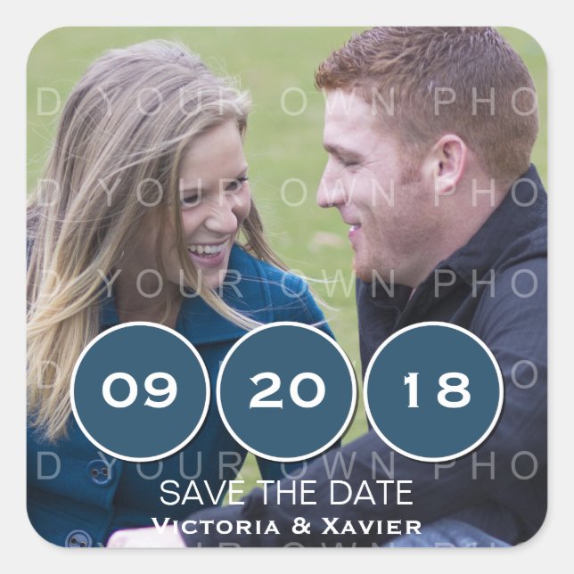 Blue Modern Circles Foto Save the Date Aufkleber (Vorderseite)