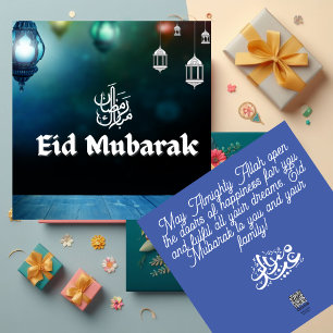 Blue Modern Eid Mubarak mit Lantern Card Feiertagskarte