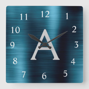 Blue Modern Elegant Metallic Monogram Name Quadratische Wanduhr