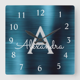 Blue Modern Elegant Metallic Monogram Name Quadratische Wanduhr