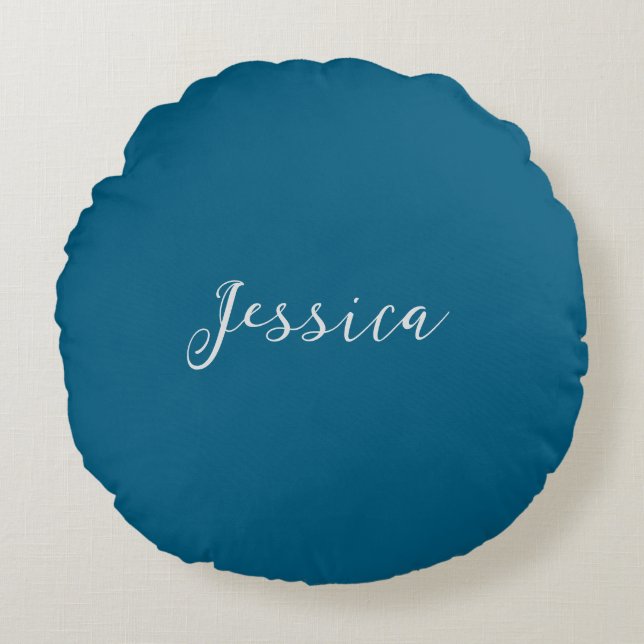 Blue Modern Elegant Plain Simple Professional Name Rundes Kissen (Vorderseite)