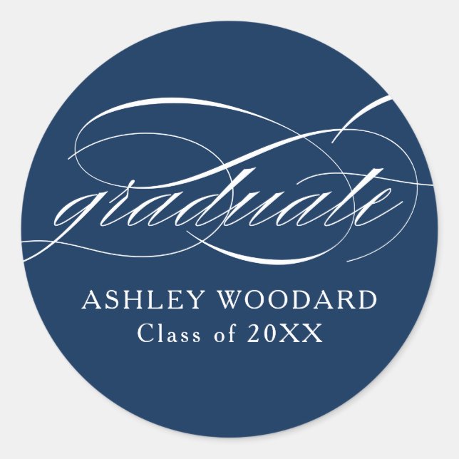 Blue Modern Elegant Script Graduation Runder Aufkleber (Vorderseite)