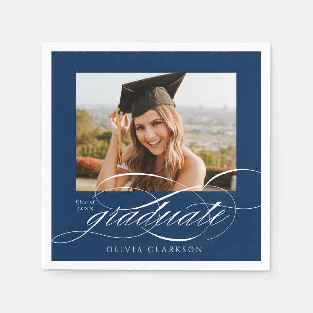 Blue Modern Elegante Script Foto Graduation Party Serviette (Vorderseite)