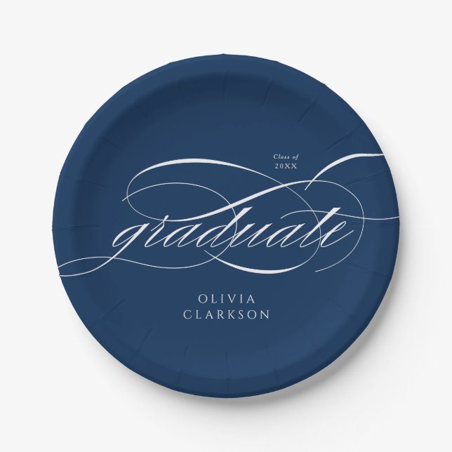 Blue Modern Elegante Script Graduation Party Pappteller (Vorderseite)