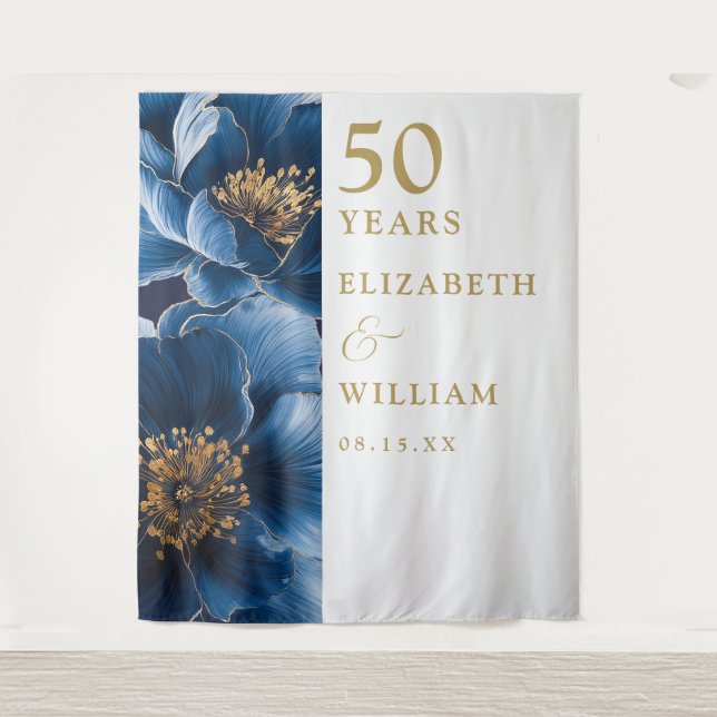Blue Modern Floral 50 Jahre Foto Hintergrund Wandteppich (Vorderseite)