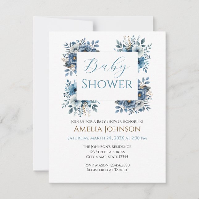 Blue Modern Floral Watercolor Babydusche Einladung (Vorderseite)