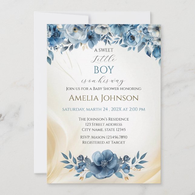 Blue Modern Floral Watercolor Babydusche Einladung (Vorderseite)