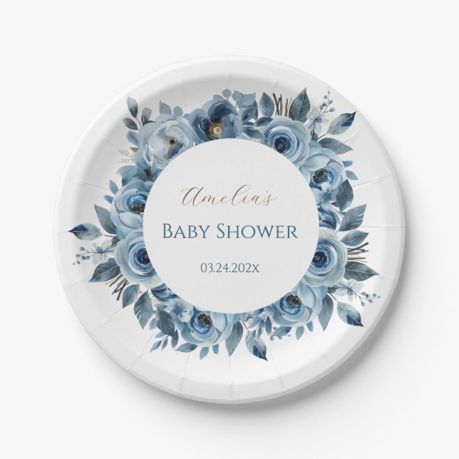 Blue Modern Floral Watercolor Babydusche Pappteller (Vorderseite)