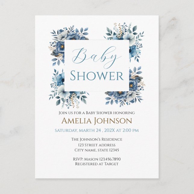 Blue Modern Floral Watercolor Babydusche Postkarte (Vorderseite)