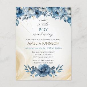 Blue Modern Floral Watercolor Babydusche Postkarte