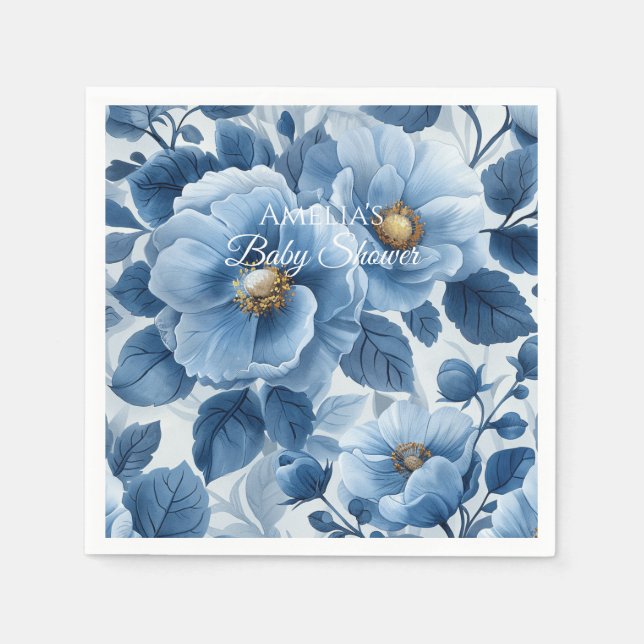 Blue Modern Floral Watercolor Babydusche Serviette (Vorderseite)