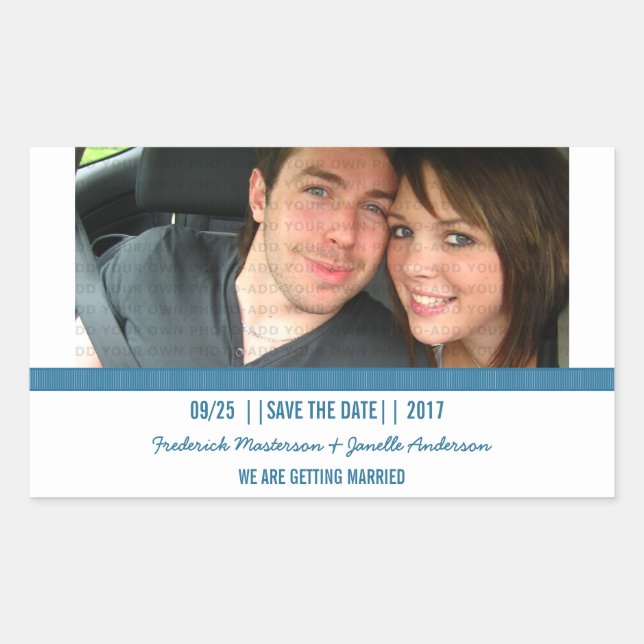 Blue Modern Foto Save the Date Stickers (Vorderseite)