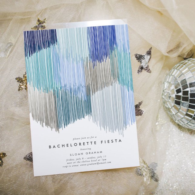 Blue Modern Fringe Junggeselinnen-Abschied Einladu Save The Date (Blue modern fringe bachelorette party invitation.)