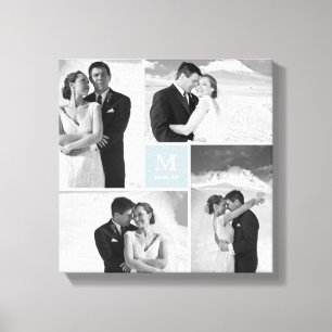 Blue Modern Grid Monogram Wedding 4 Foto Collage Leinwanddruck