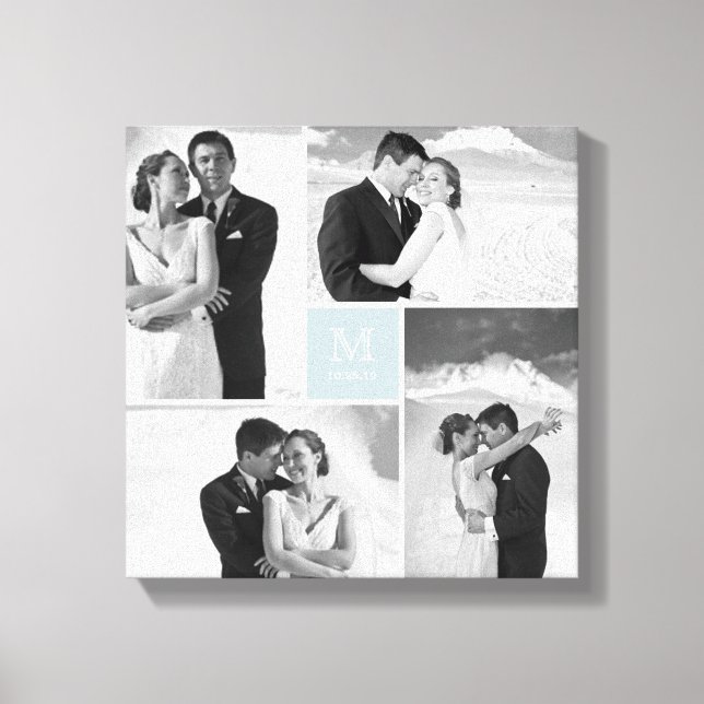 Blue Modern Grid Monogram Wedding 4 Foto Collage Leinwanddruck (Vorderseite)
