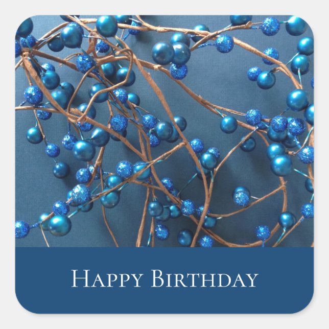 Blue Modern Happy Birthday Trendy Berries Quadratischer Aufkleber (Vorderseite)