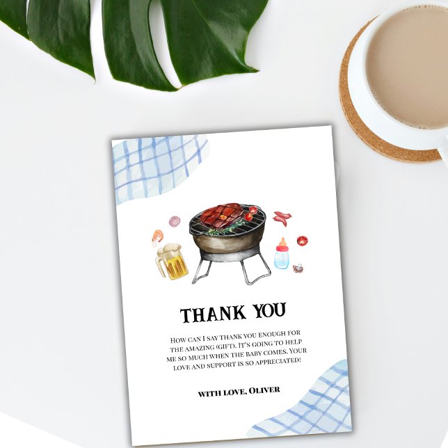 Blue Modern Kariert Retro Country Baby Q Baby Dusc Dankeskarte (Blue Modern Plaid Retro Country Baby Q Baby Shower Thank You Card)