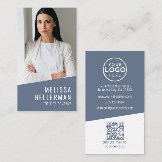 Blue Modern Photo QR Code Logo Vertical Visitenkarte (Vorne/Hinten)