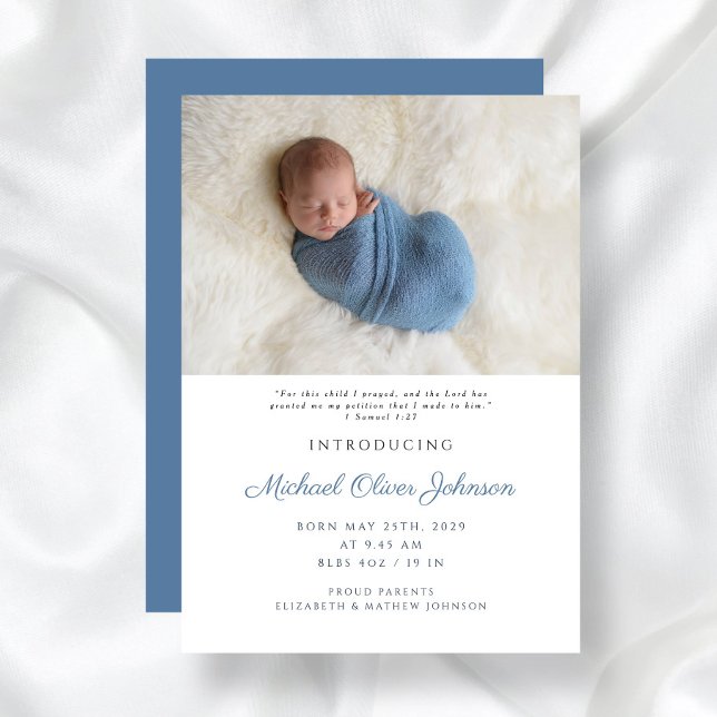 Blue Modern Script Baby Boy Birth Foto Ankündigung (Blue Modern Script Baby Boy Birth Photo Announcement)