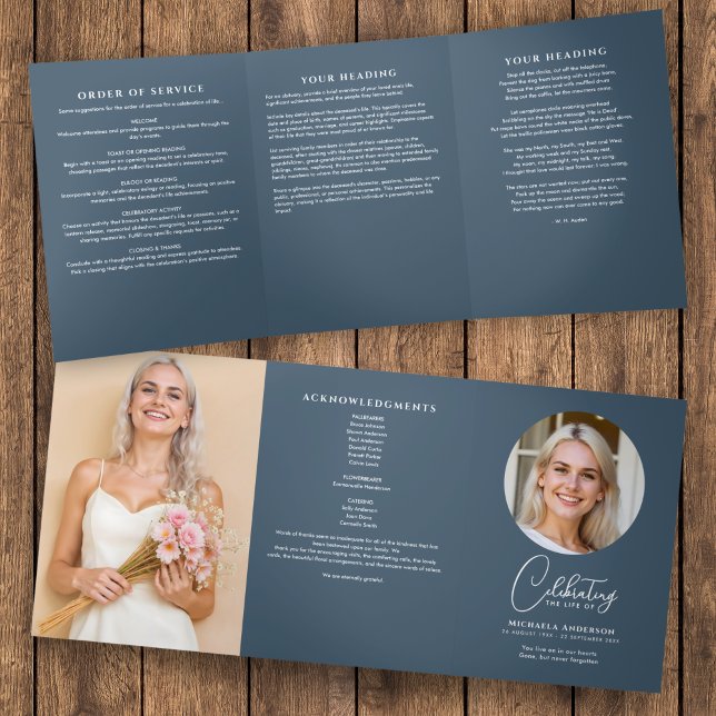 Blue Modern Script Funerary/Memorial Service Dreifach-gefaltete Programmkarte (Von Creator hochgeladen)