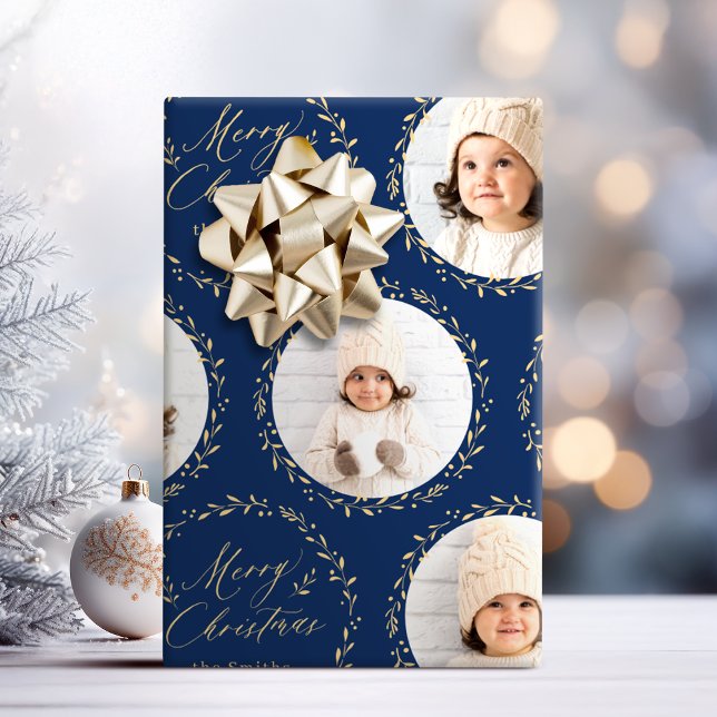 Blue Modern Script Merry Christmas Family 6 photo Geschenkpapier (Blue Modern Script Merry Christmas Family 6 photo Wrapping Paper)
